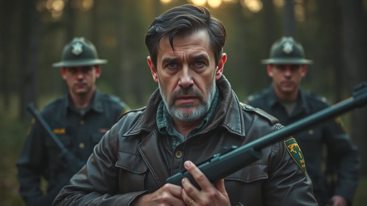 Un hombre preocupado sostiene un rifle en bosque