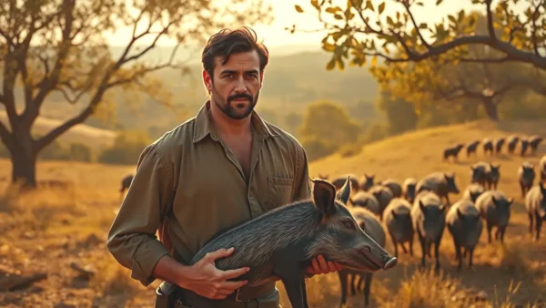 Un hombre español realista sostiene un jabalí