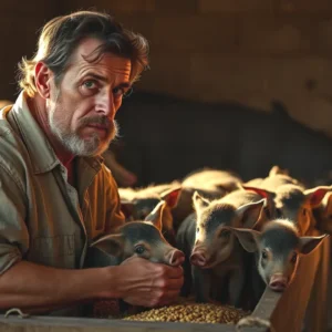 Un hombre pensativo alimenta cerdos salvajes en un barniz