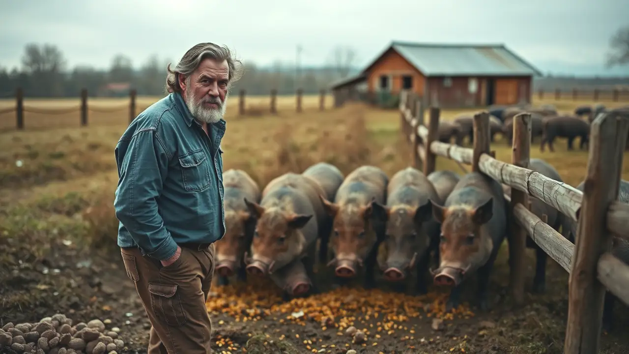 Un granjero pensativo observa cerdos en invierno