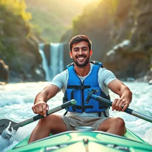 Un hombre atlético disfruta la aventura fluvial