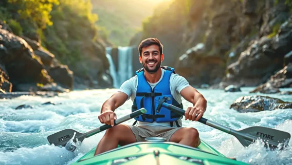 Un hombre atlético disfruta la aventura fluvial