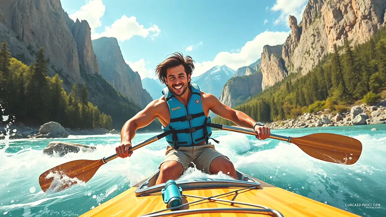 Un aventurero español remeando en un río salvaje