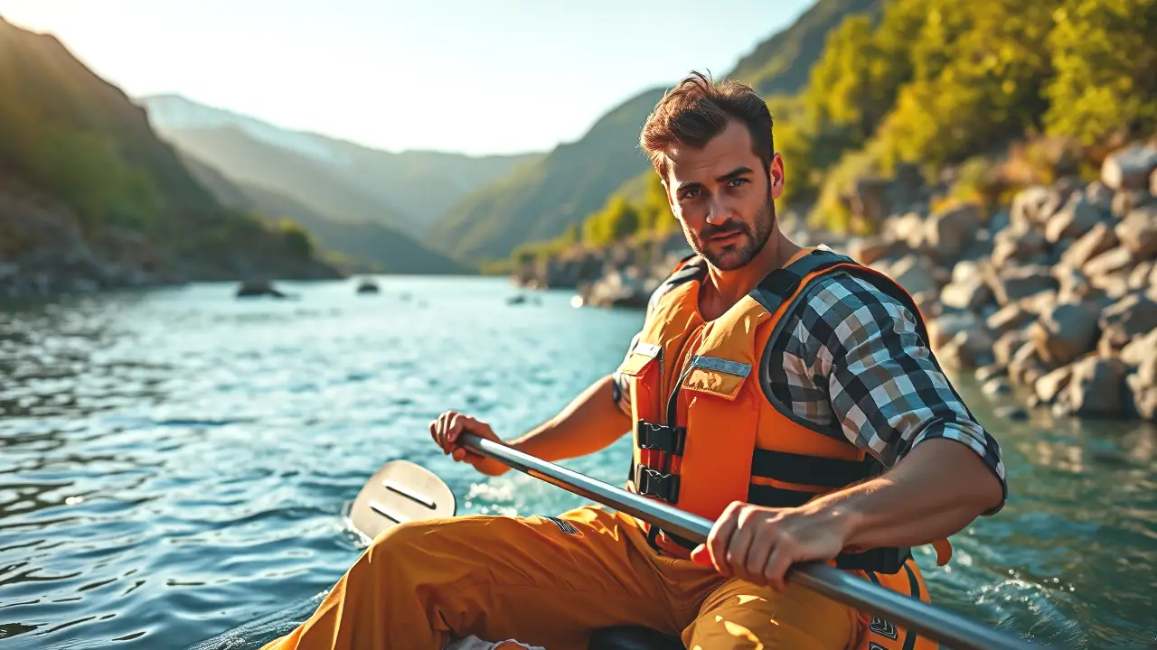 Un hombre atlético remando en un río turquesa