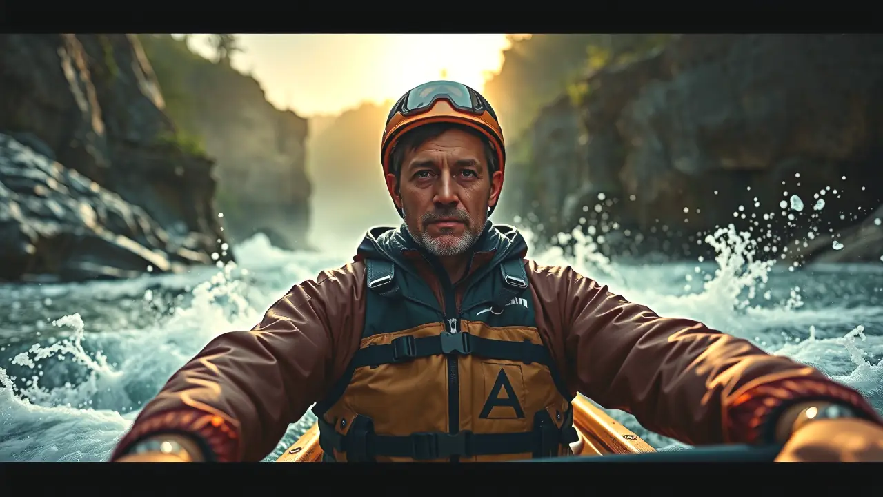 Un hombre atlético explora ríos turbulentos con belleza épica