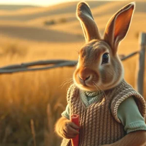 Un conejo español realista contempla su zanahoria