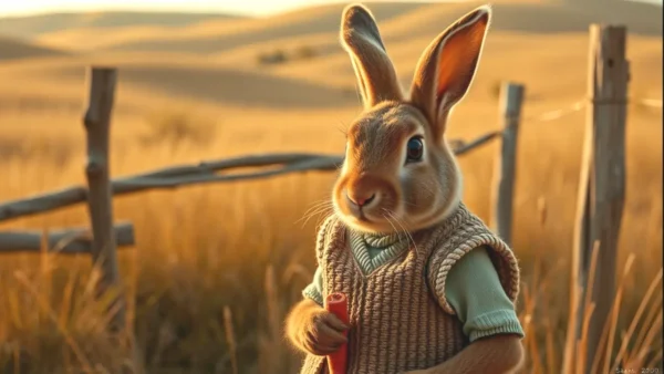 Un conejo español realista contempla su zanahoria