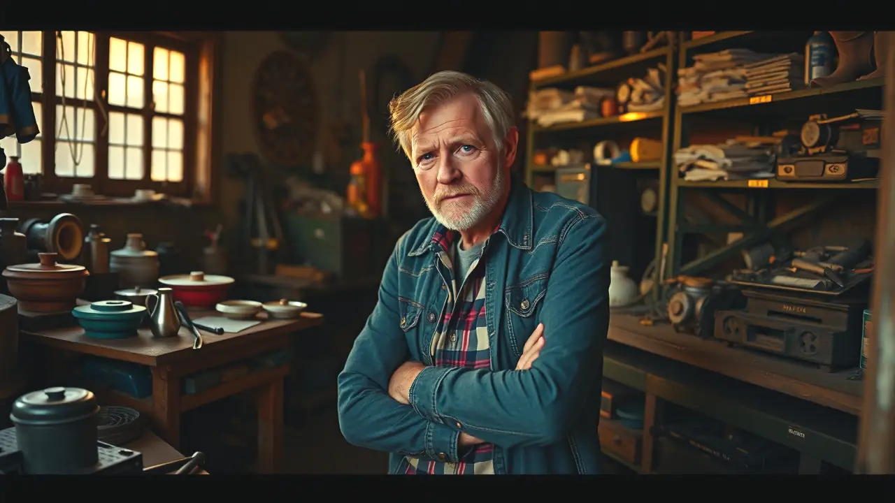 Un hombre español contempla piezas antiguas en su taller
