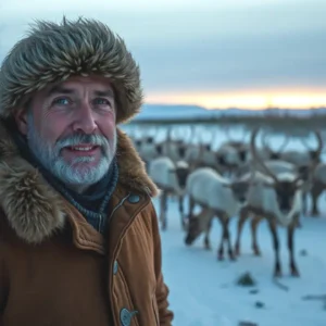 Un hombre Sami contempla renos en la nieve
