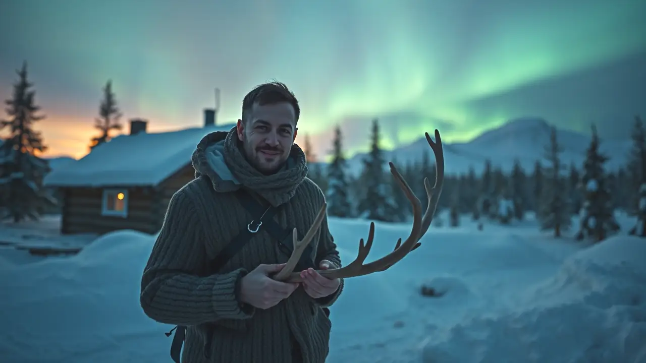 Que es Laponia: Paisajes, Cultura y Donde Es Laponia 4 Un hombre sonriente sostiene un cuerno de reno en la nieve
