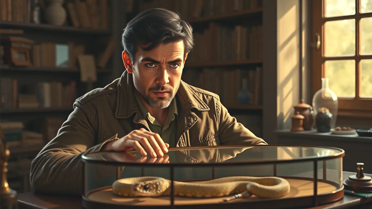 Un hombre español examina cautelosamente un serpiente en un museo