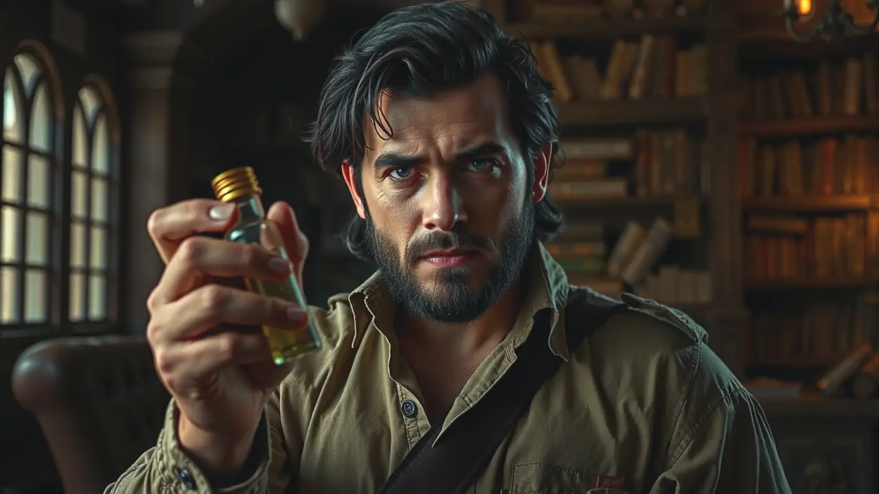 Un hombre intenso observa un frasco serpenteado en sombras