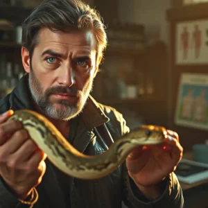 Un fotógrafo serio examina una serpiente en laboratorio