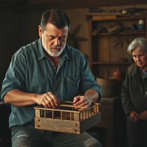 Un hombre observa un trampacabezas en un taller rústico