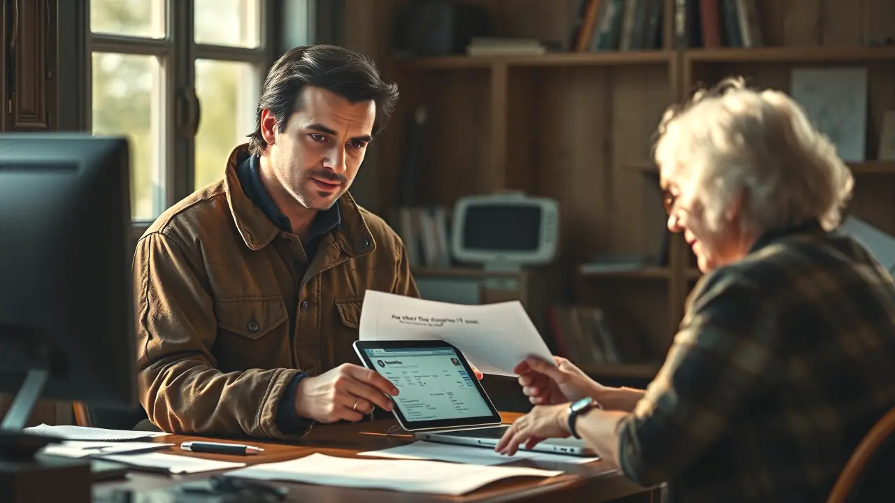 Un hombre ayuda a una anciana en la oficina