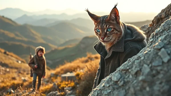 Un lince boreal observa a un niño en Pyrenes