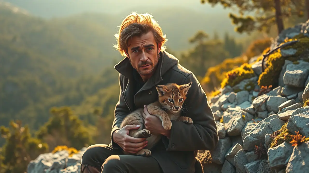 Un hombre robusto abraza un pequeño lince en la montaña