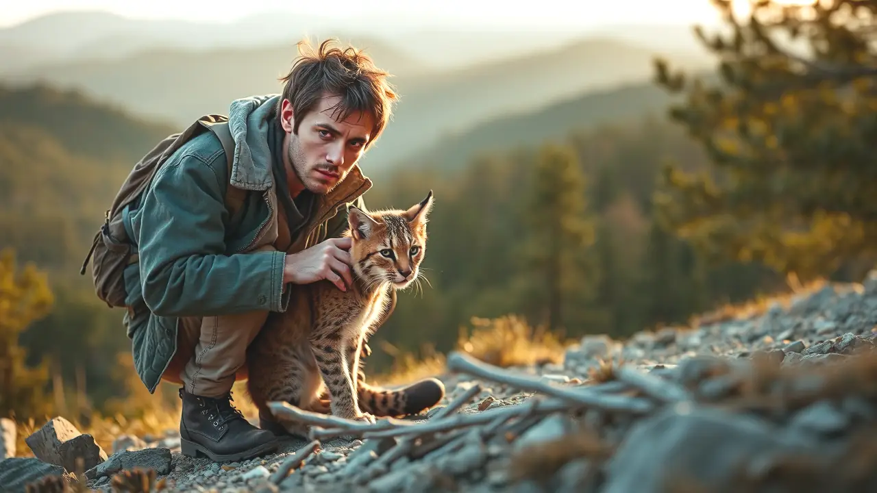 Un hombre observa cautelosamente al lince en la montaña