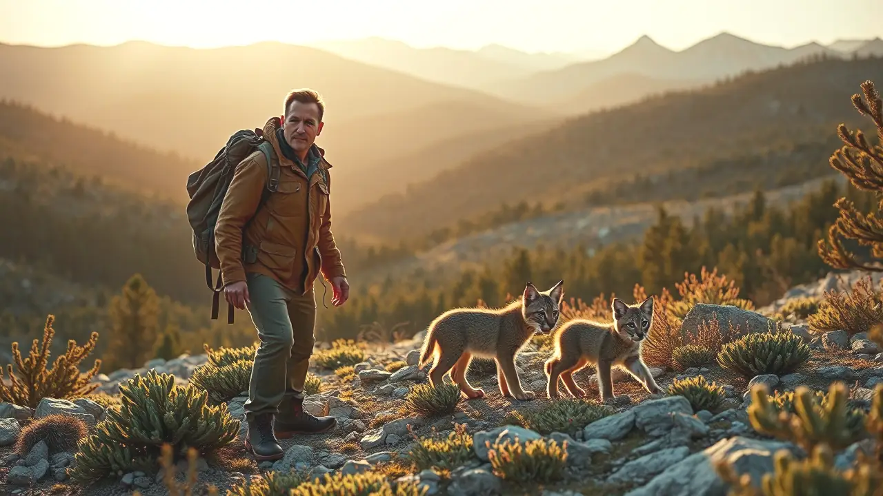 Un hombre robusto observa a los zorros en la montaña