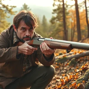 Un cazador realista apunta en bosque otoñal