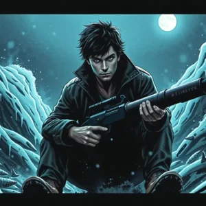 Un hombre serio con harpones en invierno