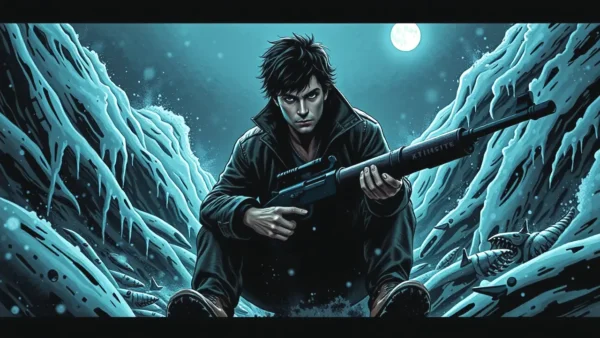 Un hombre serio con harpones en invierno