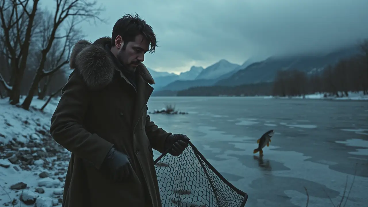 Un hombre serio pesca en invierno