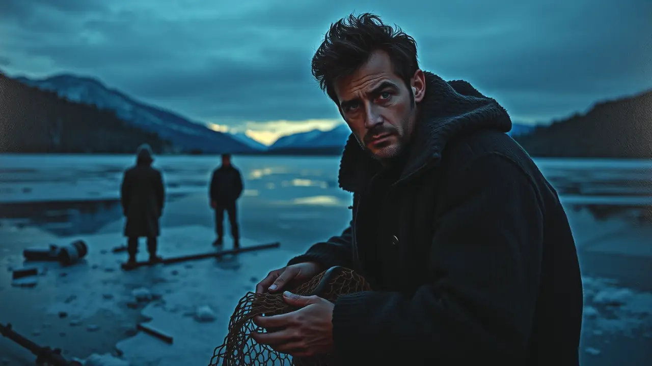Un hombre serio pesca en invierno sombrío