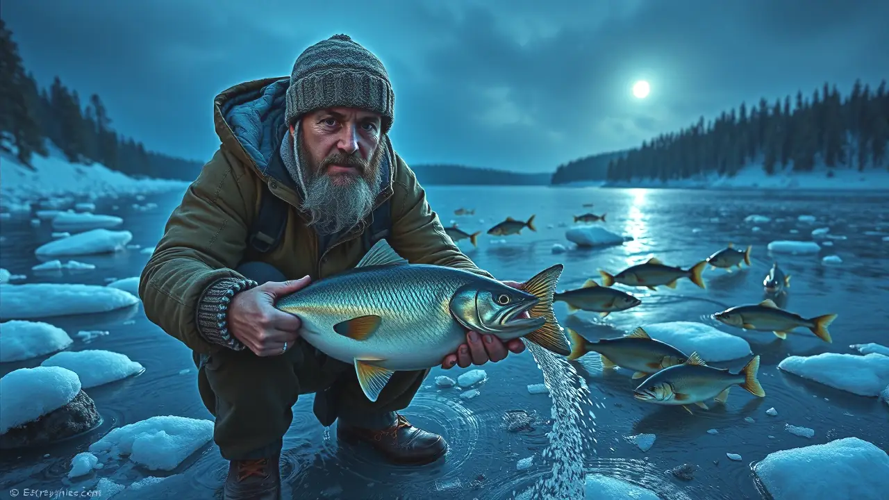 Un pescador español captura peces en hielo