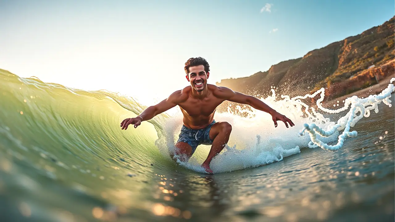 Un hombre surfeando captura la luz dorada