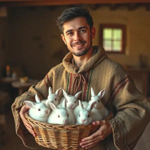 Un hombre sonriente porta conejos en poncho