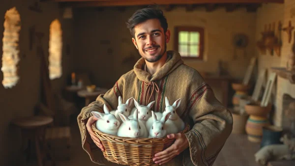 Un hombre sonriente porta conejos en poncho