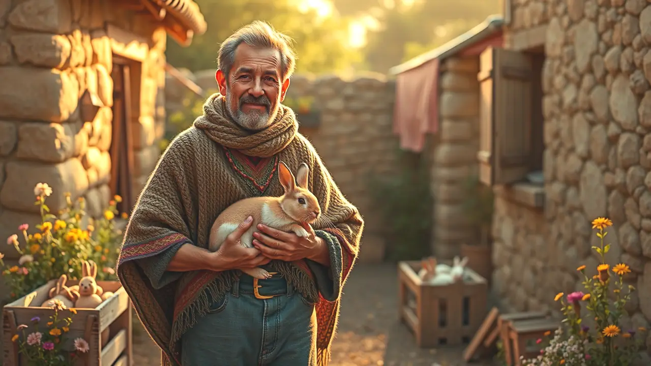 Un hombre amable sostiene conejos en la tarde
