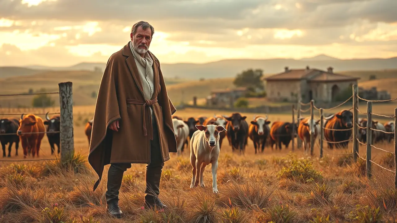 Un hombre español robusto protege su ganado en la España rural