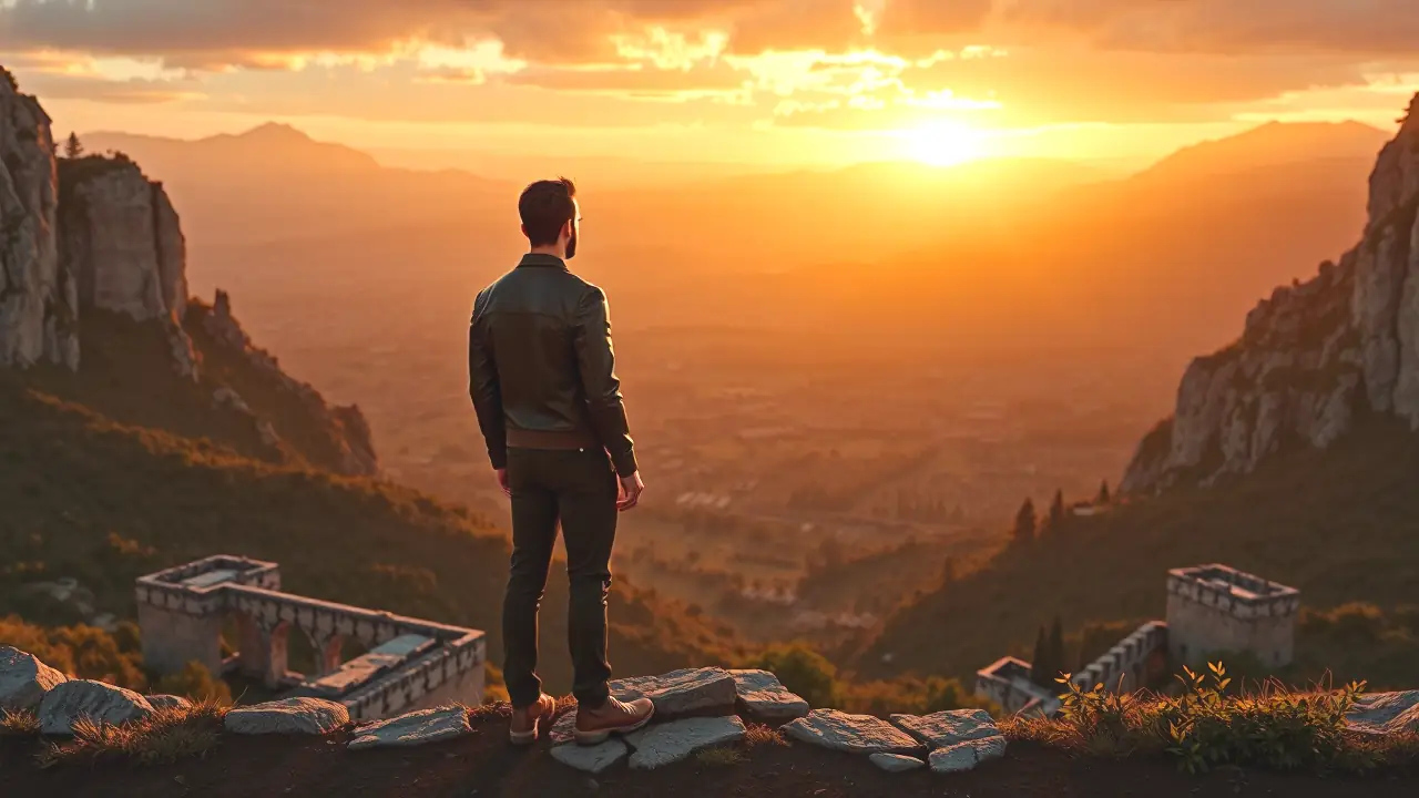 Un hombre atlético contempla un paisaje español soñador