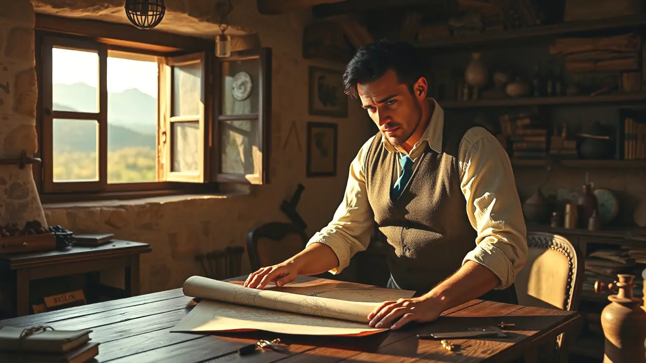 Un hombre pensativo examina un mapa en una taberna española