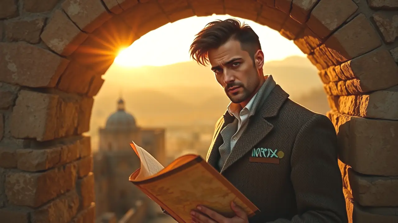 Un hombre melancólico examina un mapa antiguo