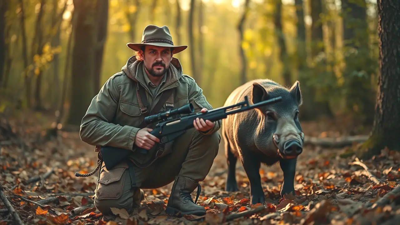 Cazador español serio con rifle en bosque