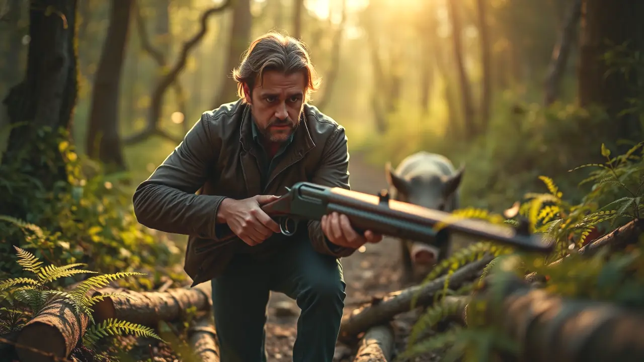 Un cazador español rastrea jabalí en bosque