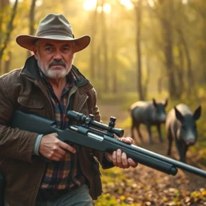 Un cazador español rastrea jabalíes en bosque