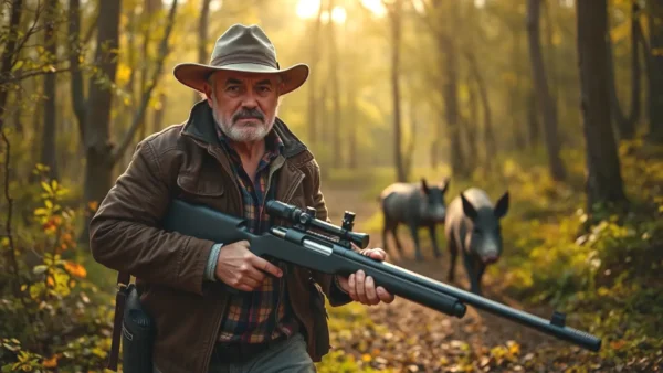 Un cazador español rastrea jabalíes en bosque