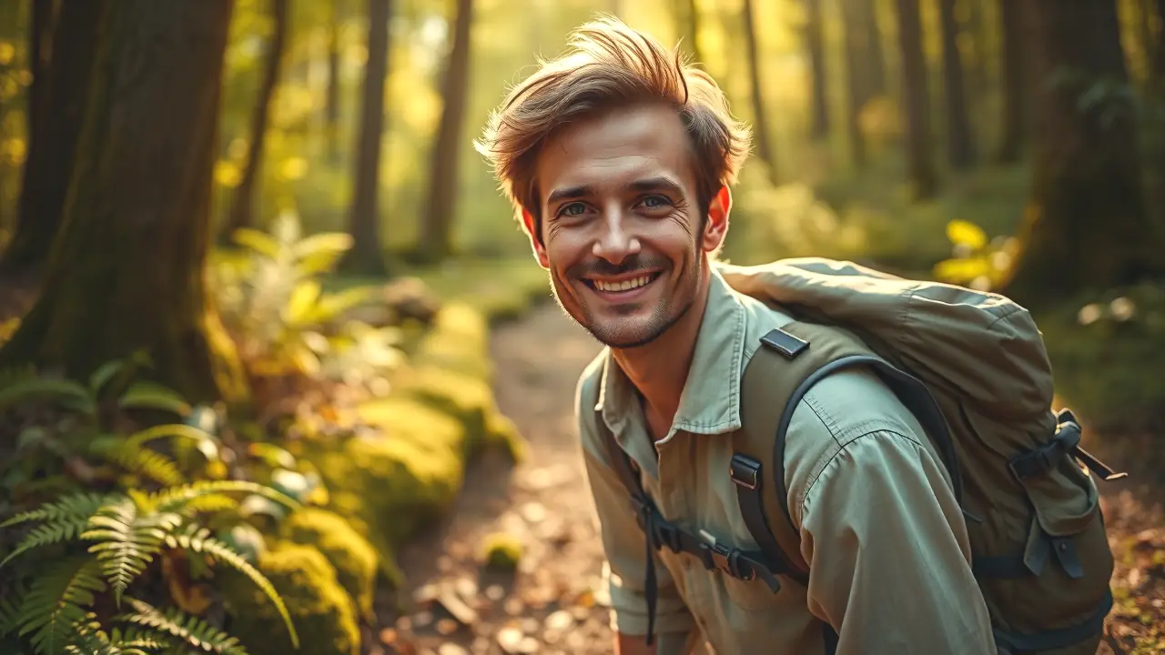 Un hombre español sonríe en el bosque