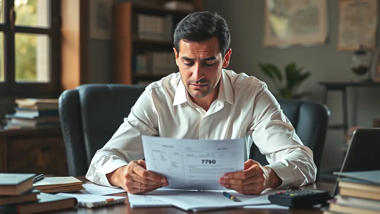 Un hombre serio ayuda con impuestos en oficina