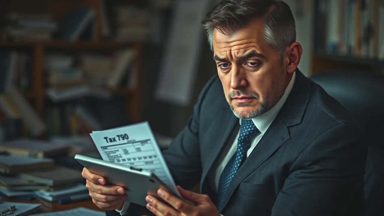 Un hombre serio examina un formulario fiscal