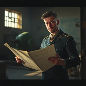 Un hombre serio examina planos en almacén