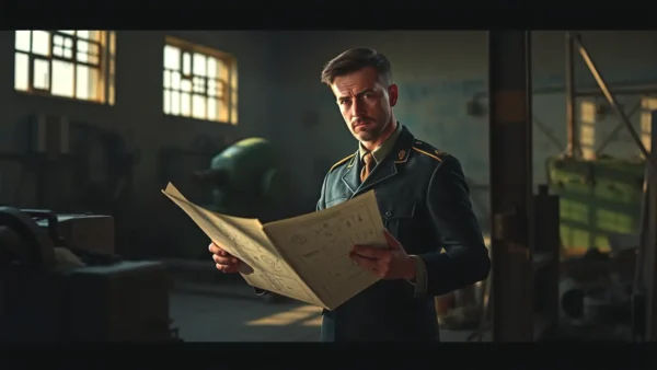 Un hombre serio examina planos en almacén