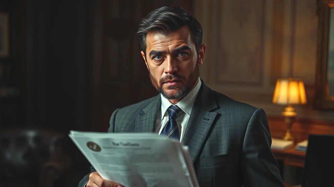 Un hombre serio examina un documento en oficina