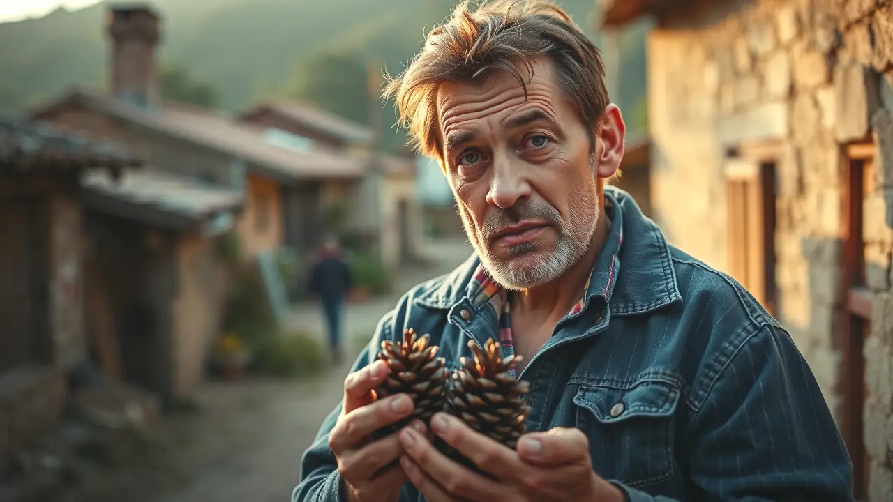 Un hombre español melancólico sostiene pinos