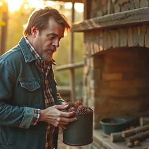 Un hombre pensativo recoge piñas en otoño