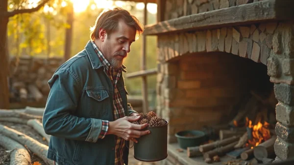 Un hombre pensativo recoge piñas en otoño